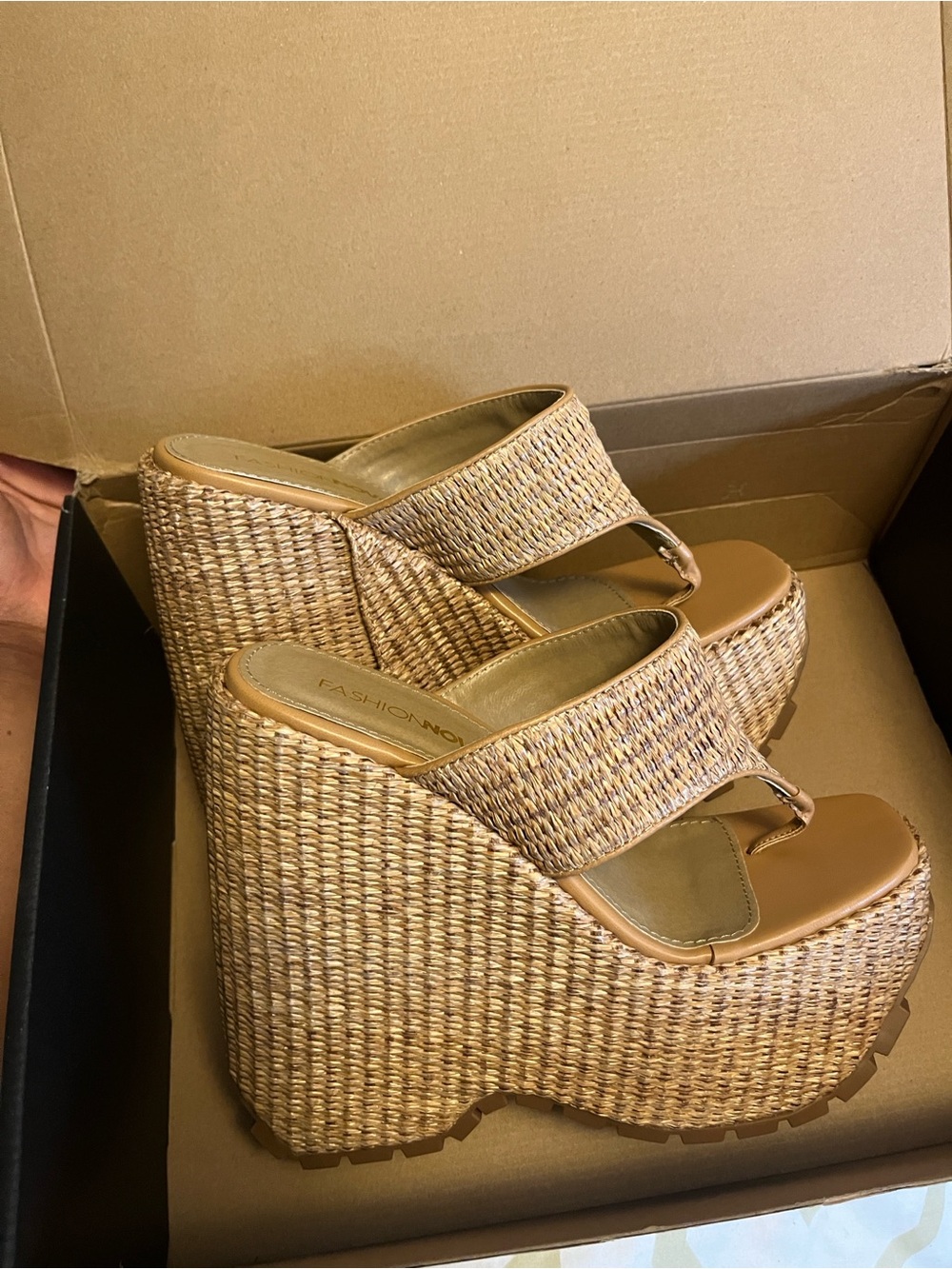 Woven Straw Platform Wedge Sandals - Tan